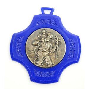 Saint St Christopher Vintage Ruffony Engraved Medal Blue Plastic Ornament